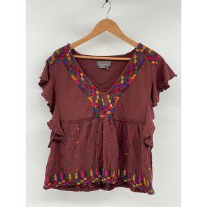 Anthropologie Maroon Peasant Blouse with Multicolor Embroidery